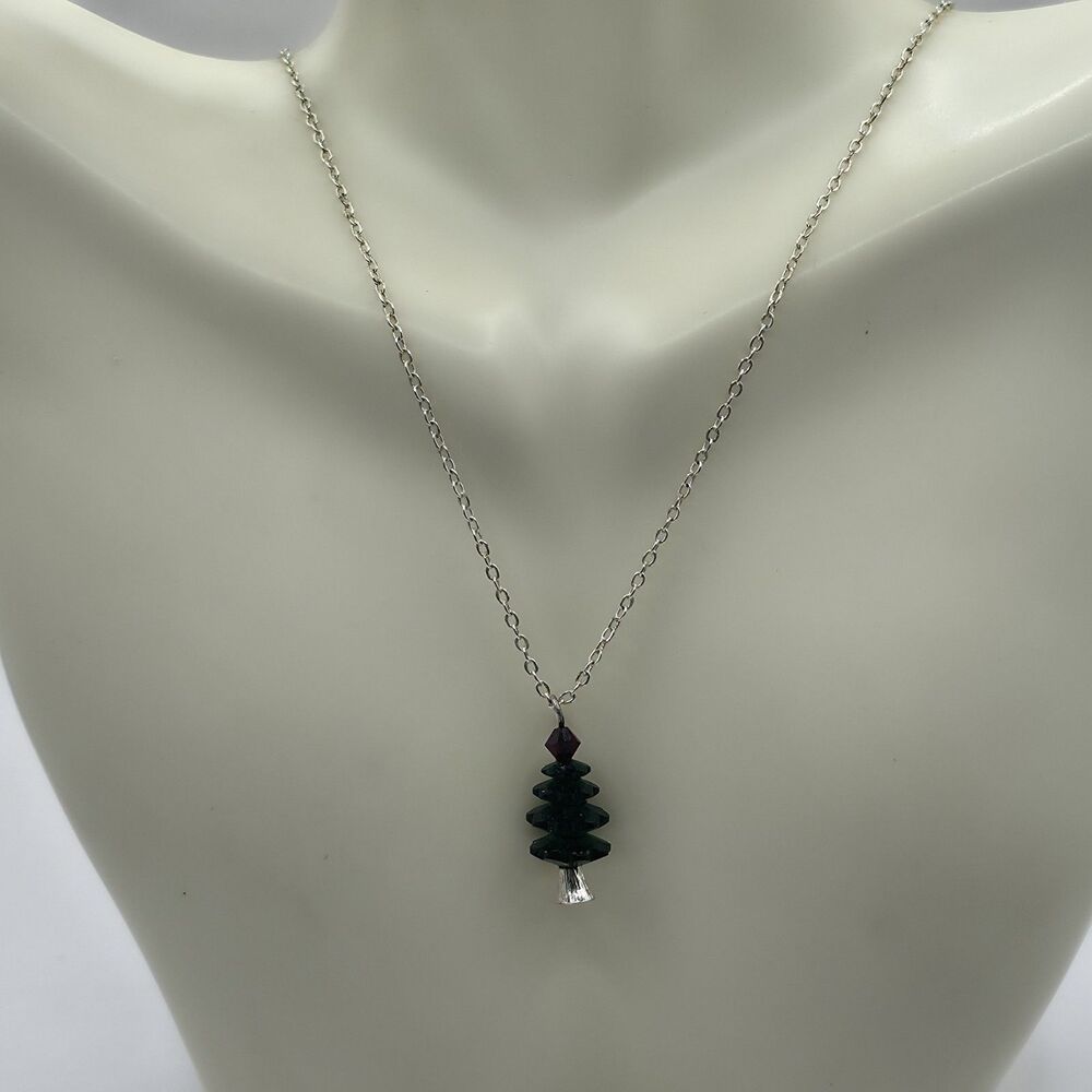 NVC Christmas Tree Necklace Pendant Silvertone Chain Green & Red Beads 17' + 3"